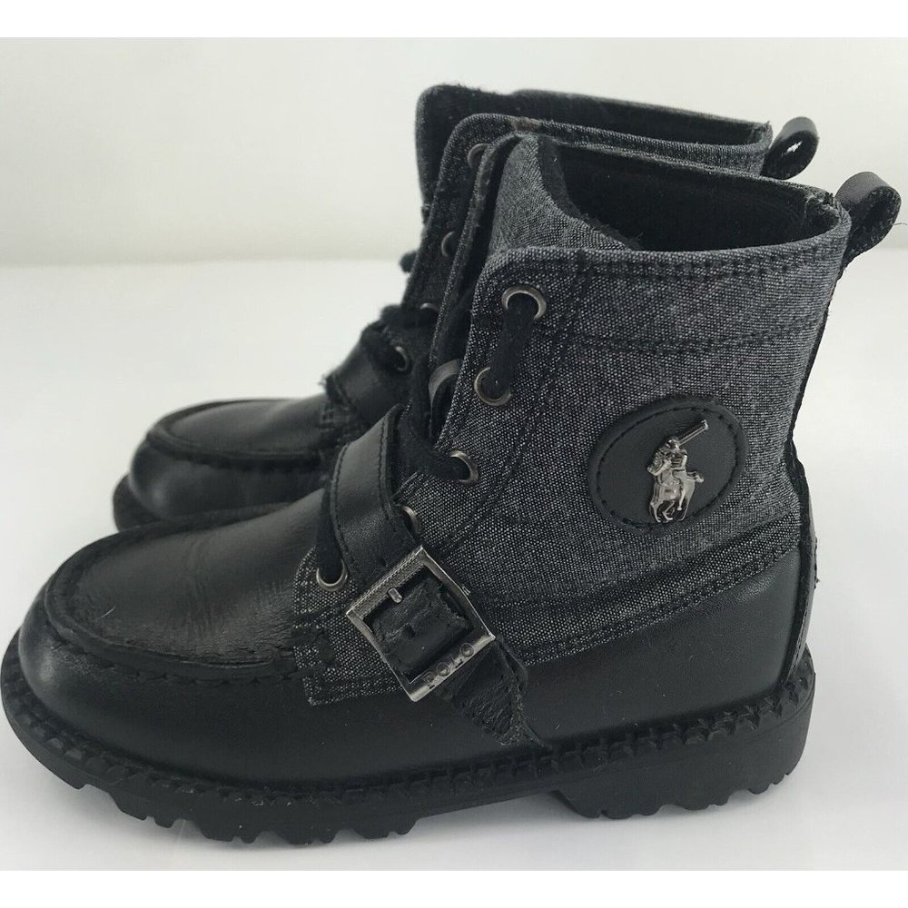 POLO Ralph Lauren Boots Boys 10 Black Gray RANGER HIGH II Combat Lace Kids Youth